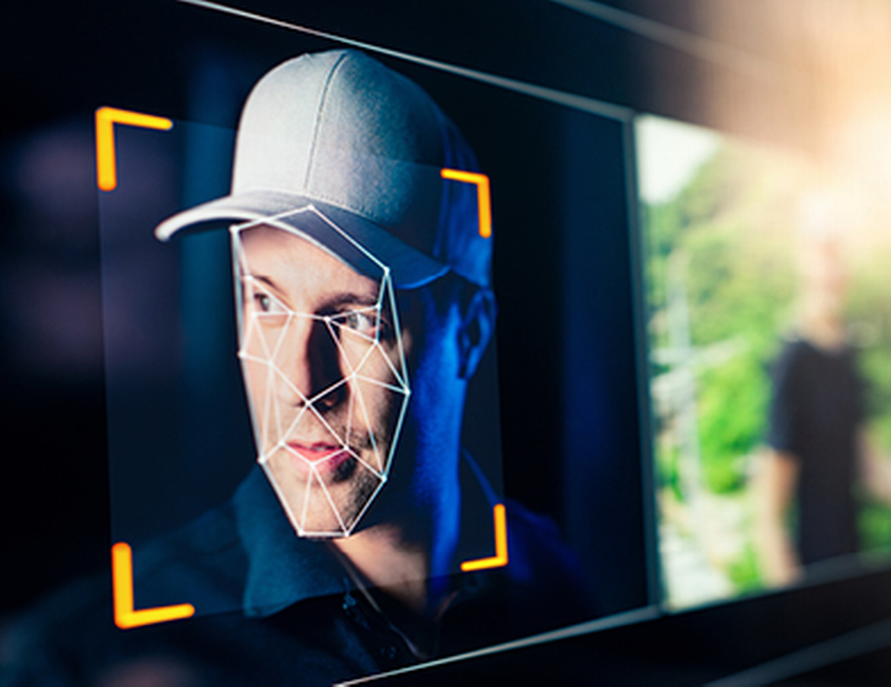 Gesicht eines Mannes mit Schildkappe, das in einer Software zur Gesichtserkennung analysiert wird