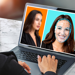Eine Frau nutzt Gesichtserkennung auf einem Laptop