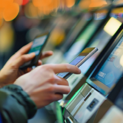 Eine Person h&auml;lt ihr Smartphone an das Display eines Automaten