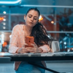 Eine Frau an einem Flughafen sitzend, die mit den Ellenbogen auf dem Tisch ihr Smartphone hält und drauf blickt